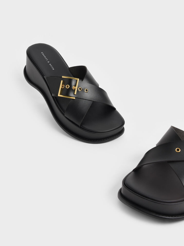 Buckled Crossover Platform Sandals, Black, hi-res