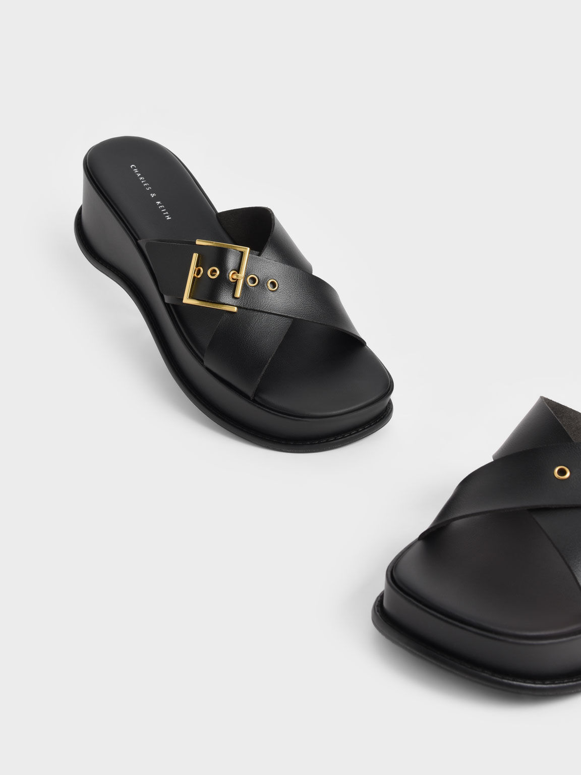 Buckled Crossover Platform Sandals, Black, hi-res