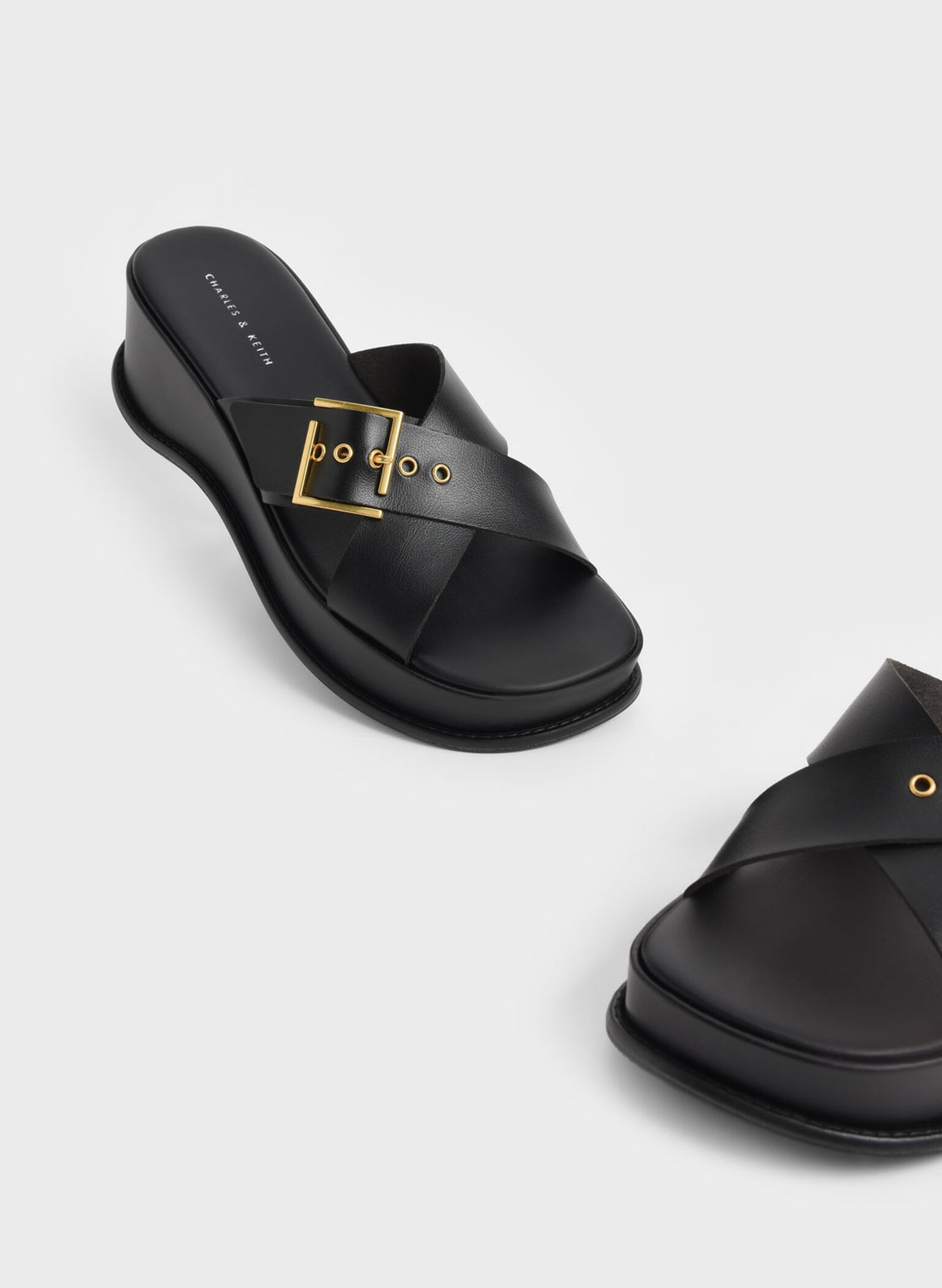 Black Buckled Crossover Platform Sandals - CHARLES & KEITH SG