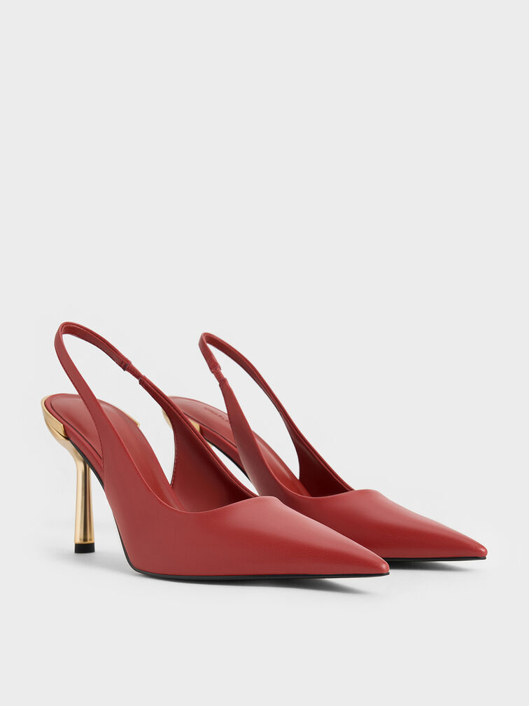 Zapatos destalonados metálicos de punta afilada con tacón de aguja, Rojo ladrillo, hi-res