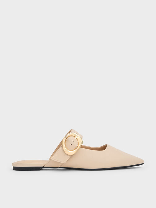 Buckle-Strap Flat Mules, Nude, hi-res