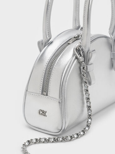 Satin Half-Moon Bowling Bag, Silver, hi-res
