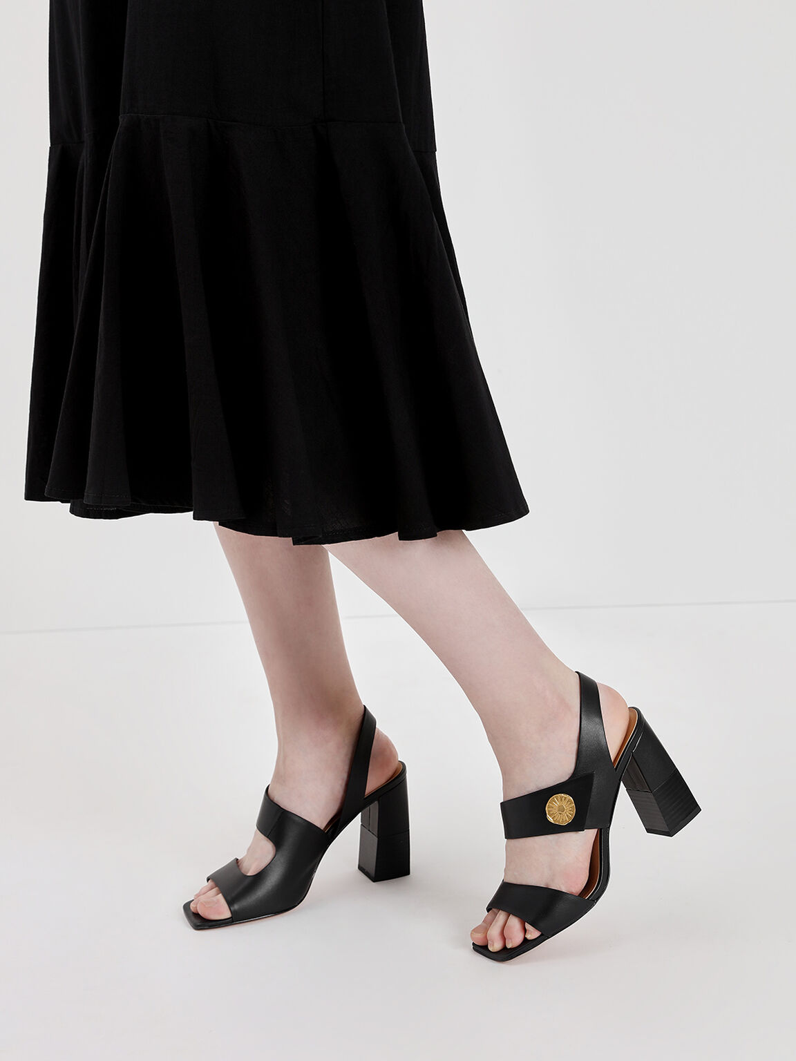 Asymmetrical Chunky Heel Sandals, Black, hi-res