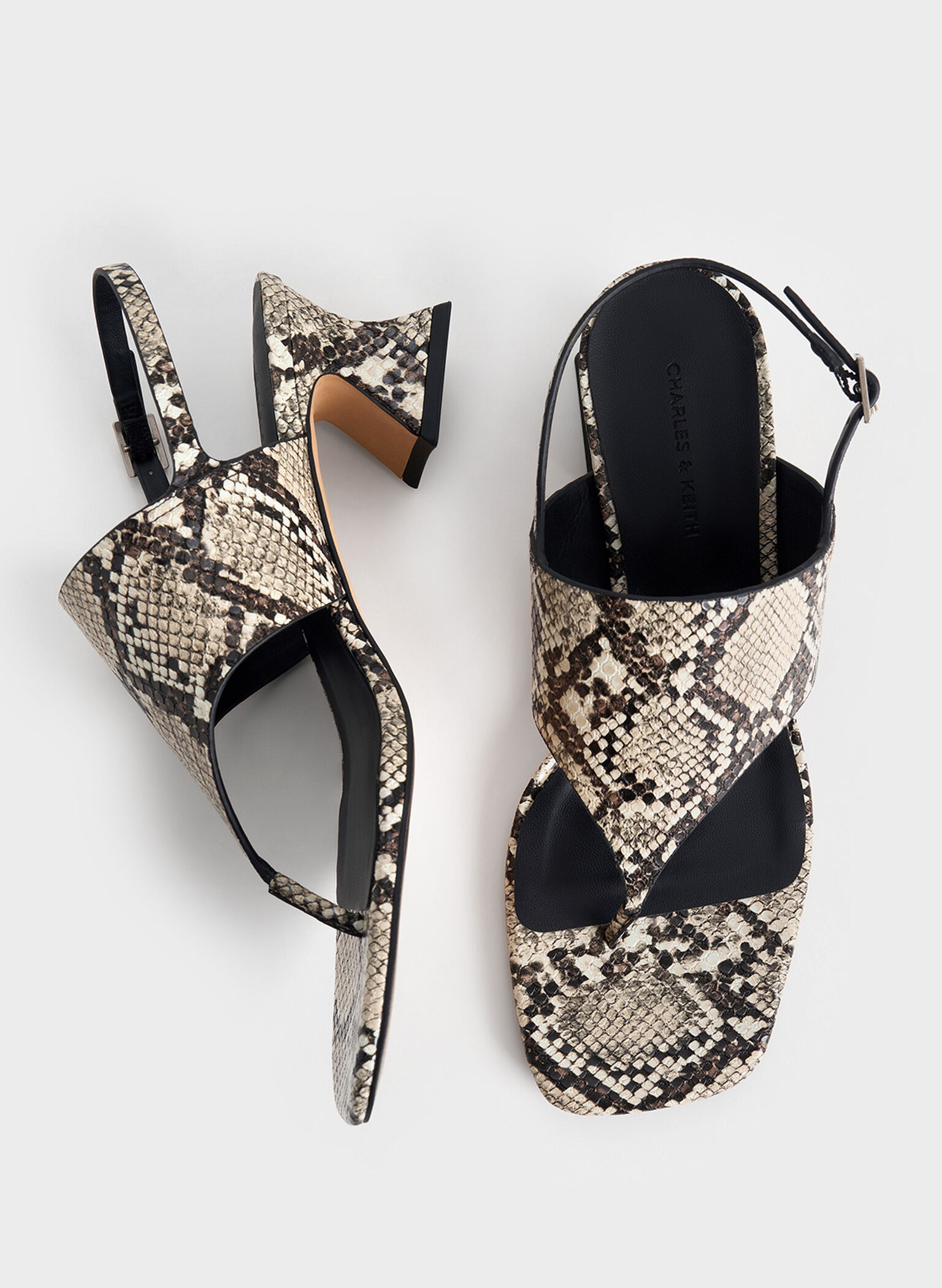 Snake-Print Wide-Strap Heeled Thong Sandals, Animal Print Natural, hi-res