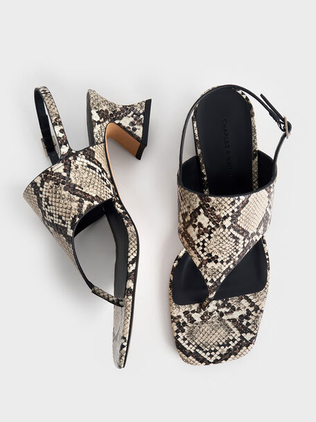 Snake-Print Wide-Strap Heeled Thong Sandals, Animal Print Natural, hi-res