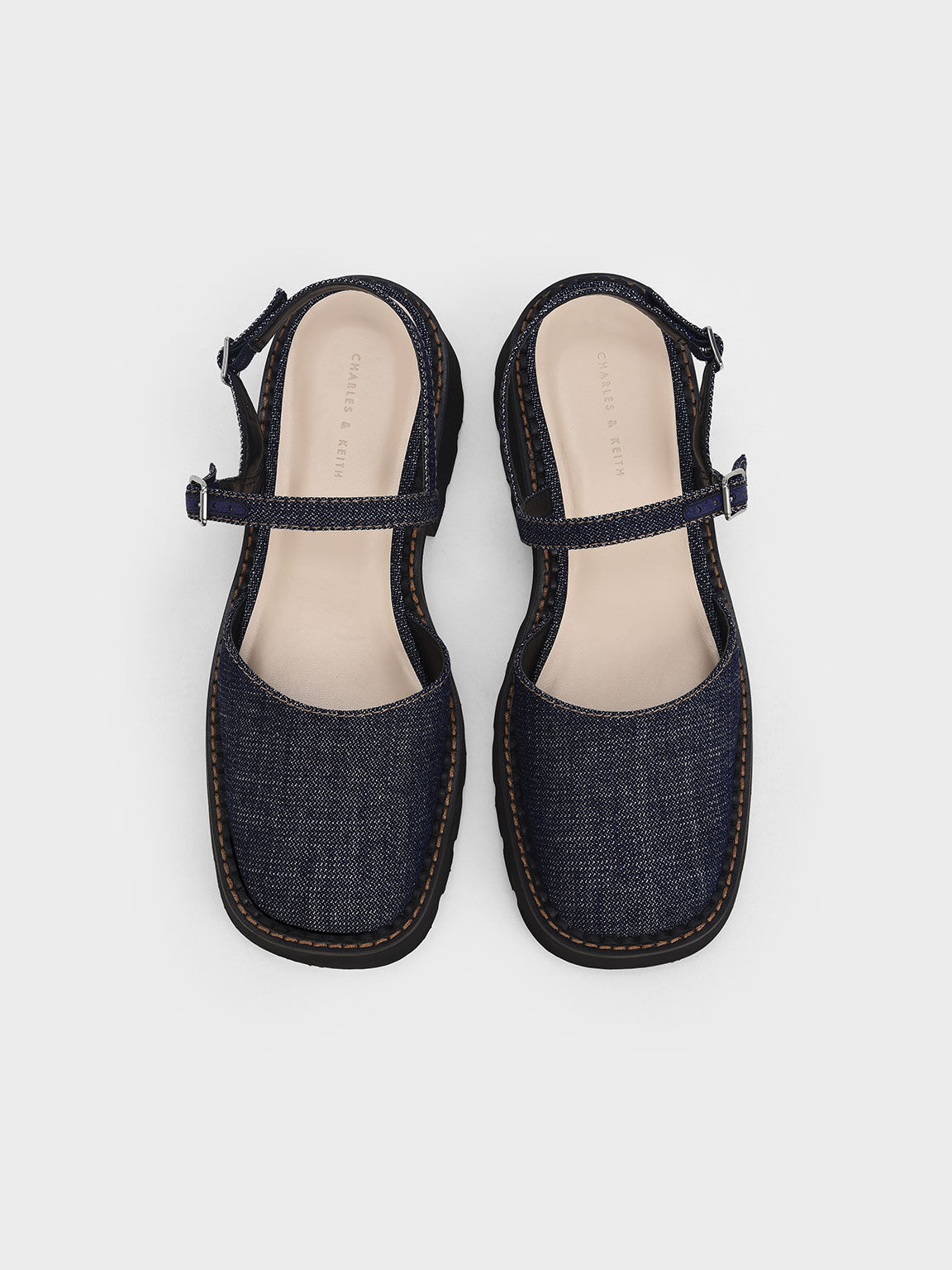 Cleated Sole Ankle-Strap Denim Shoes, Dark Blue, hi-res
