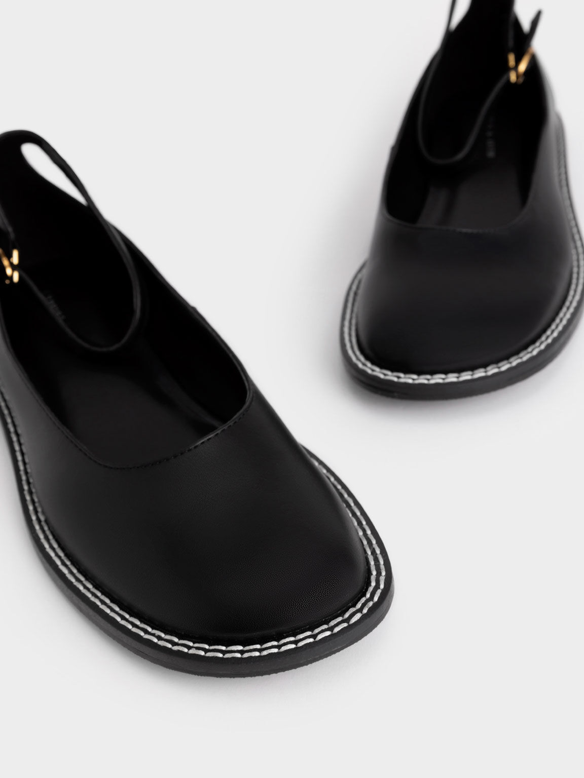 Stitch-Trim Ankle Strap Ballerinas, Black Textured, hi-res