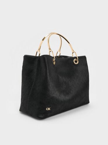 Pony Hair & Leather Ring-Handle Bag, Black, hi-res