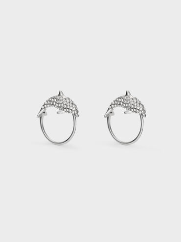 Delfina Crystal-Dolphin Hoop Earrings, Silver, hi-res