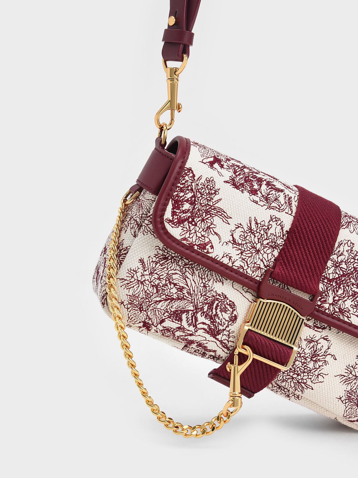 Tiger Calligraphy Chain-Link Shoulder Bag, Burgundy, hi-res