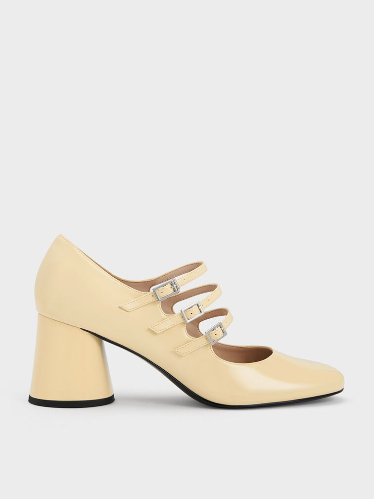Mary Janes de Tacón Cilíndrico con Hebilla, Amarillo, hi-res