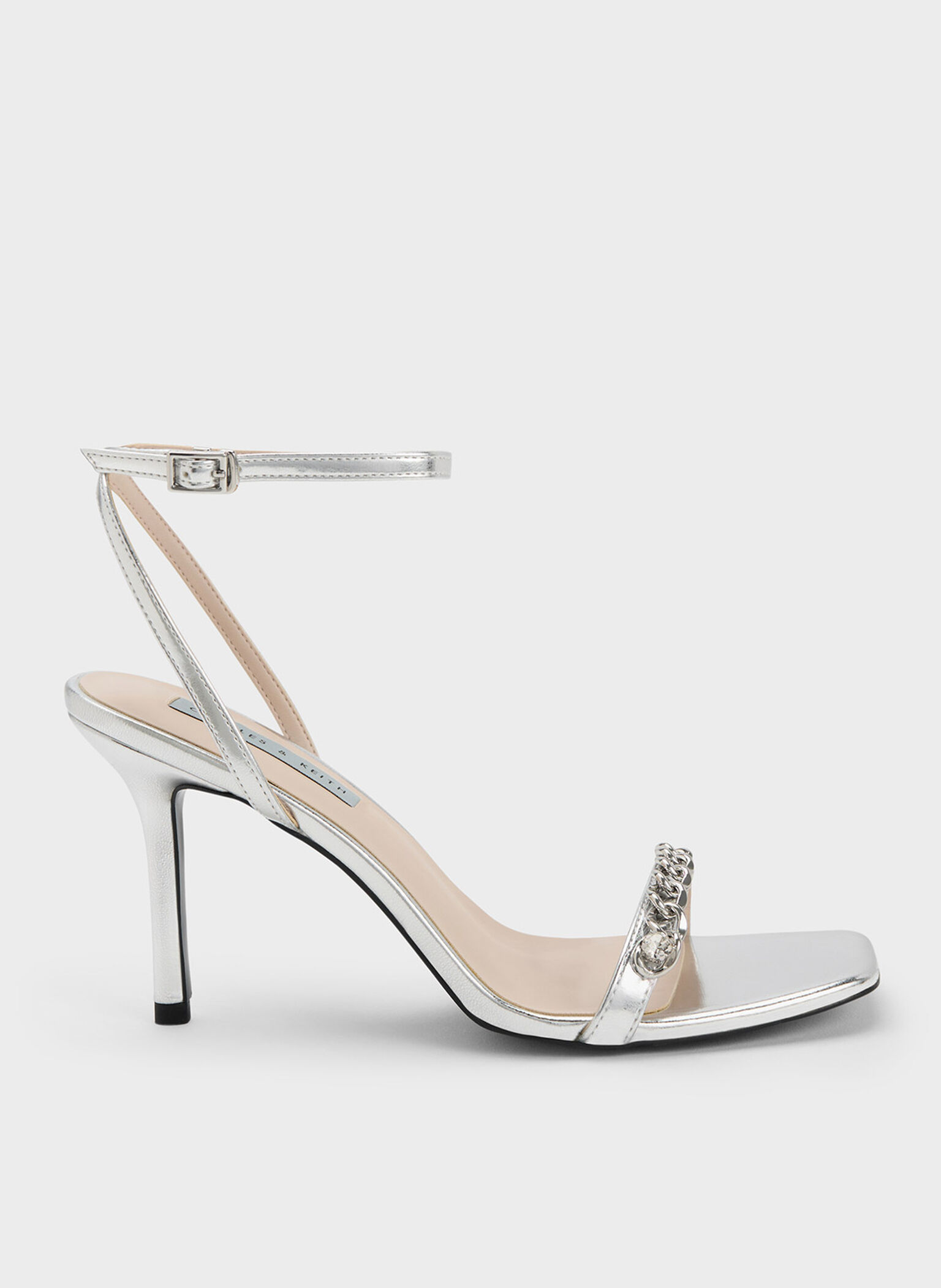 Silver Chain-Embellished Metallic Ankle Strap Sandals - CHARLES & KEITH MY