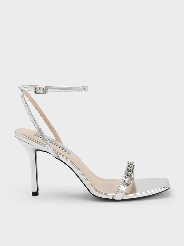 Chain-Embellished Metallic Ankle Strap Sandals, Silver, hi-res
