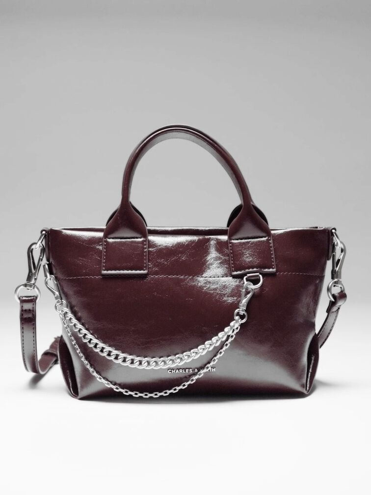 Atwood Crinkle-Effect Chain-Embellished Tote Bag, Burgundy, hi-res