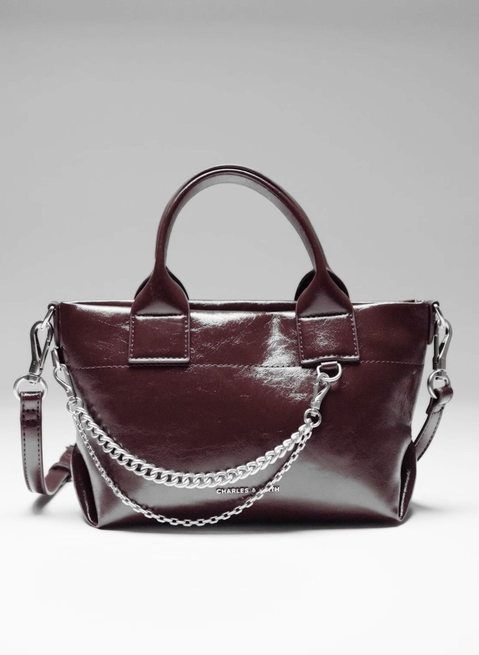Atwood Crinkle-Effect Chain-Embellished Tote Bag, Burgundy, hi-res