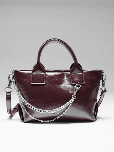 Atwood Crinkle-Effect Chain-Embellished Tote Bag, Burgundy, hi-res