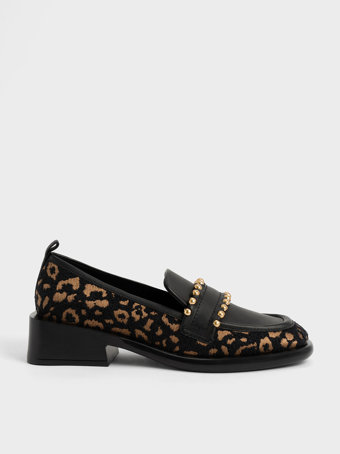 Animal Print Black Studded Jacquard Leather Penny Loafers