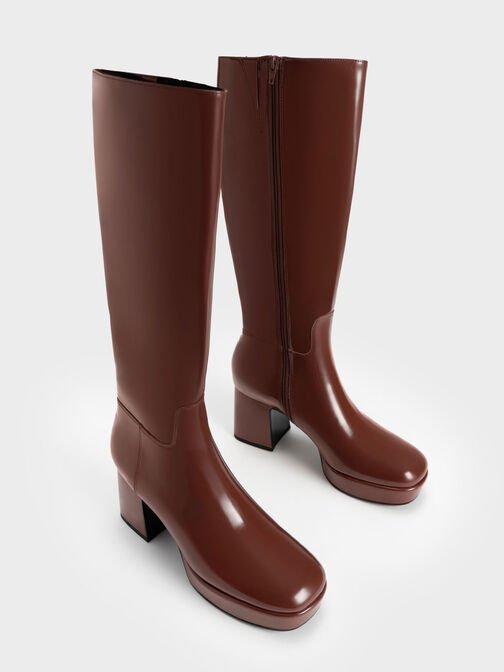 Patent Platform Knee-High Boots, Cognac, hi-res