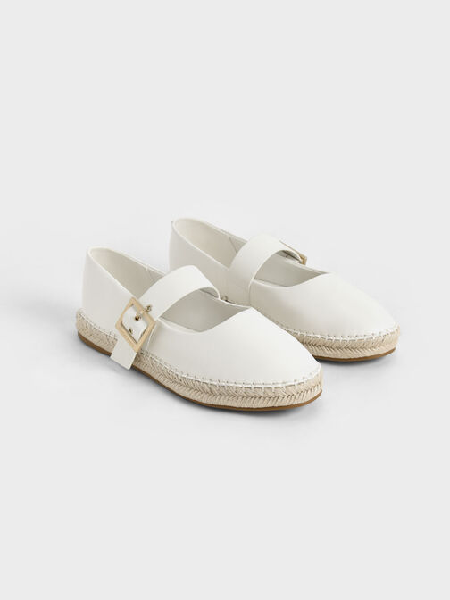 草編方釦瑪莉珍鞋, 白色, hi-res