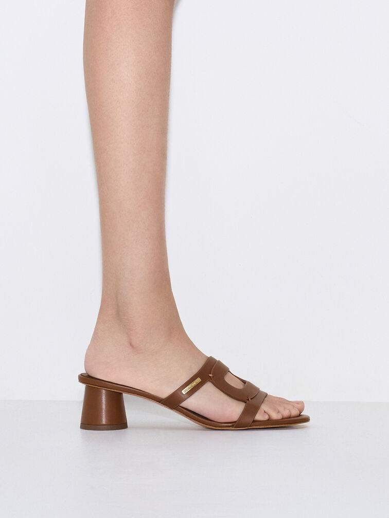 Easley Cut-Out Cylinder-Heel Mules, Caramel, hi-res
