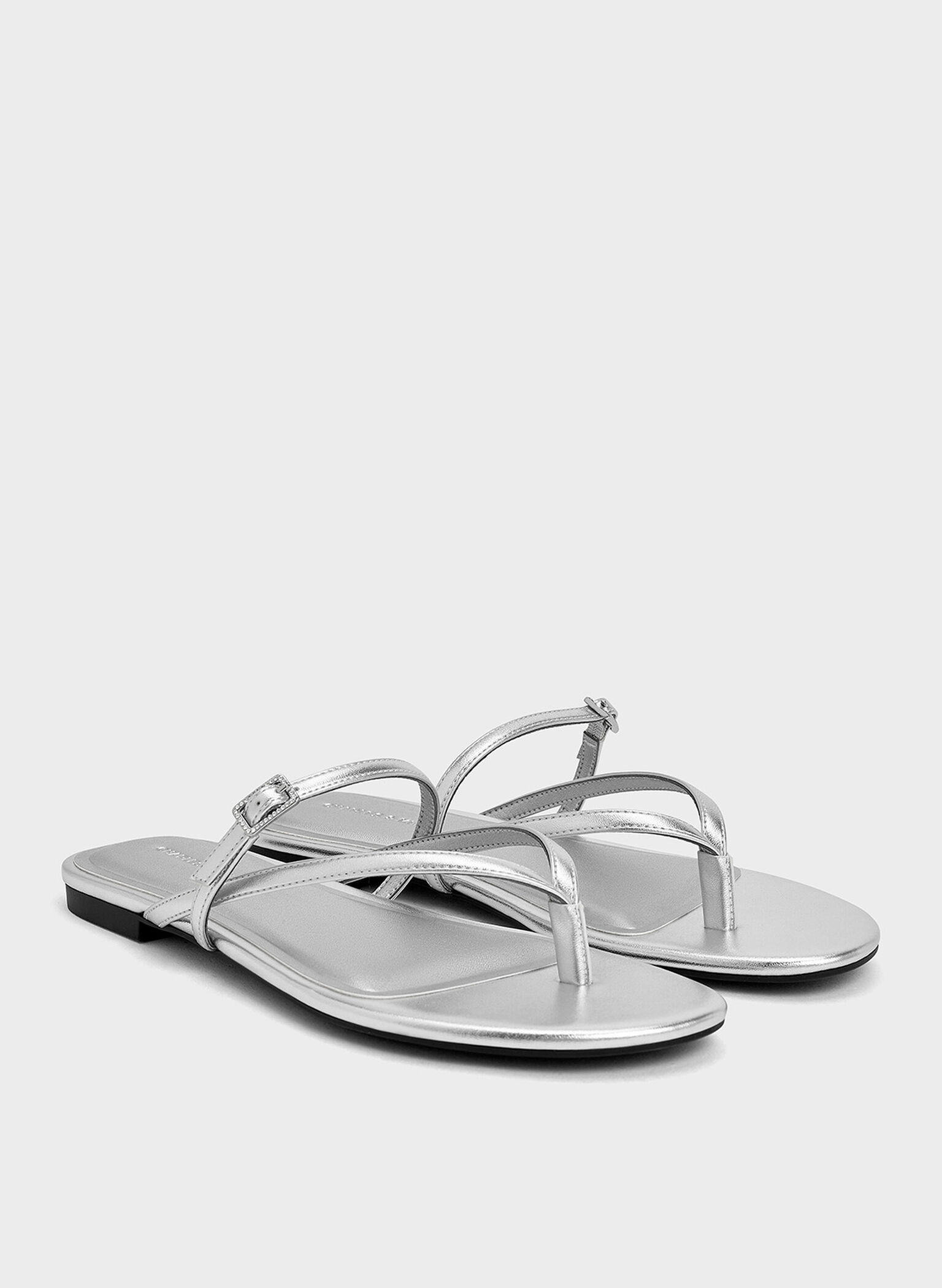 Metallic Crystal-Buckle Strappy Thong Sandals, Silver, hi-res