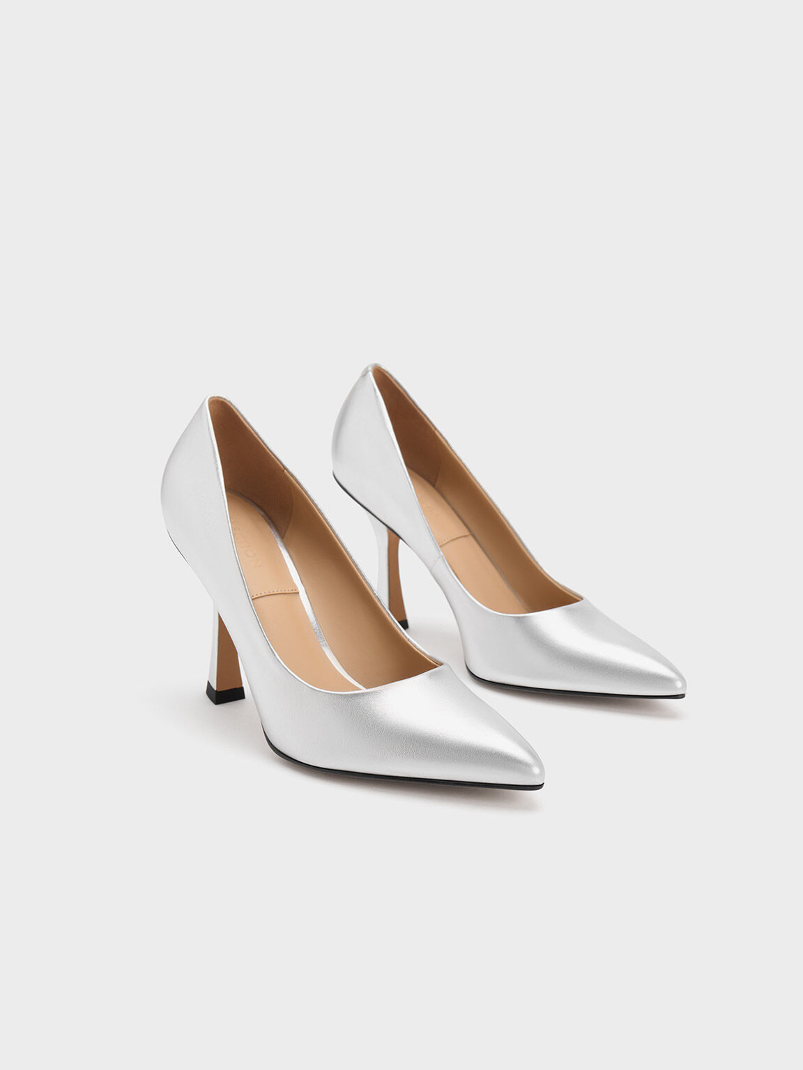 Metallic Leather Flare Heel Pumps, Silver, hi-res