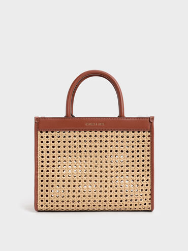 Woven Double Handle Tote Bag, Brown, hi-res