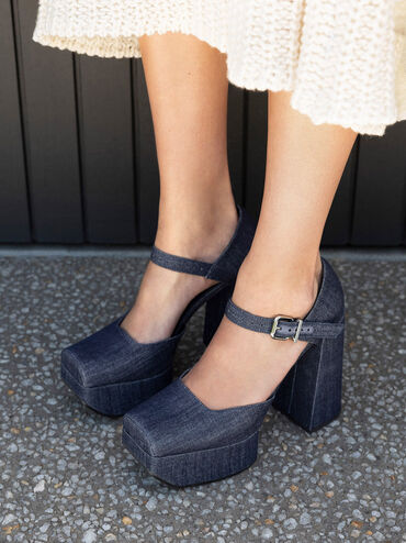 Shayla Denim D'Orsay Platform Pumps, Dark Blue, hi-res