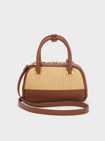 Bolso bowling de cuero y rafia, Rafia neutral, hi-res