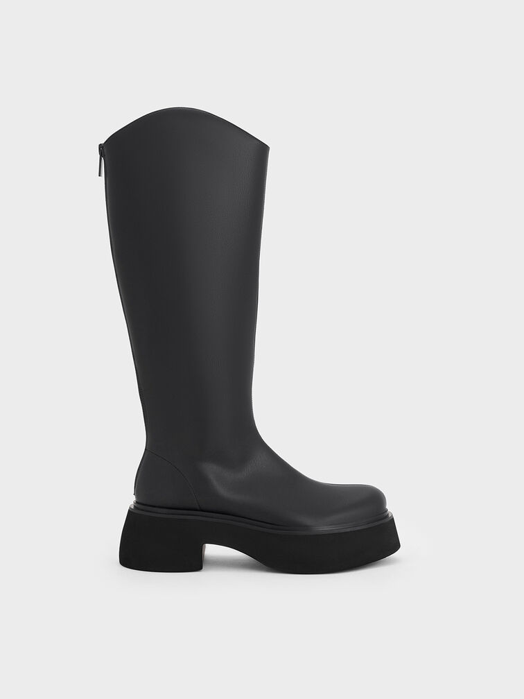 Cowboy Platform Knee-High Boots, Black, hi-res