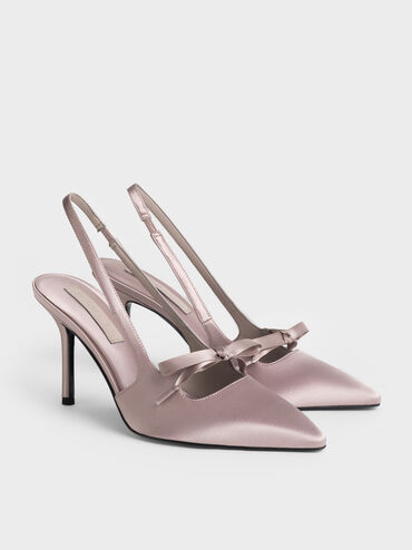 Recycled Polyester Bow Pointed-Toe Slingback Pumps, Mauve, hi-res