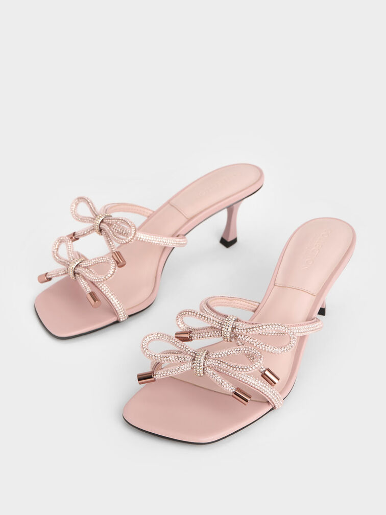 Gem-Embellished Bow-Tie Mules, Nude, hi-res