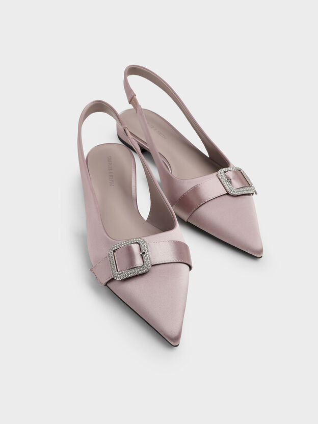 Satin Crystal-Buckle Slingback Flats, Mauve, hi-res