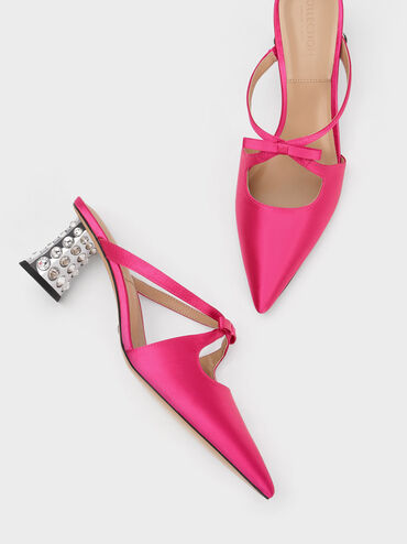 Bow Crossover Gem-Embellished Mules, Pink, hi-res