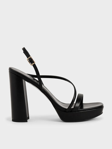 Strappy Platform Sandals, Black, hi-res