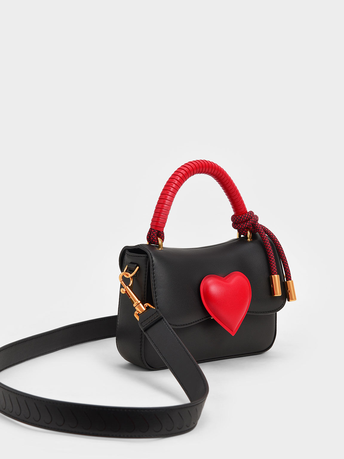 Heart-Motif Coiled Top Handle Bag, Black, hi-res
