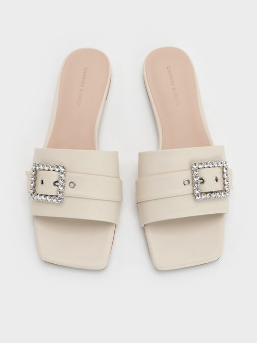 Gem-Buckle Square-Toe Slide Sandals, Chalk, hi-res