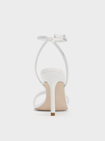 Satin Crystal-Embellished Stiletto-Heel Sandals, White, hi-res