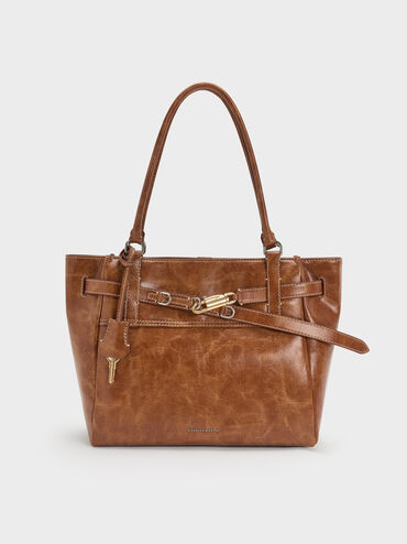 Delfina Belted Tote Bag, Distressed Tan, hi-res