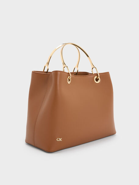 Leather Ring-Handle Bag, Cognac, hi-res
