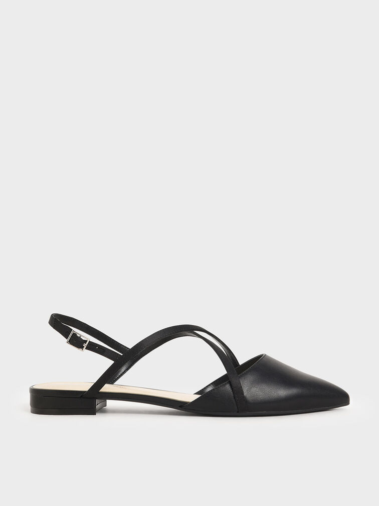 Satin Criss Cross Strap Flats, Black, hi-res