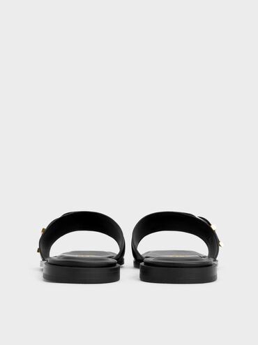 Leather Buckled Square-Toe Slide Sandals, Black, hi-res