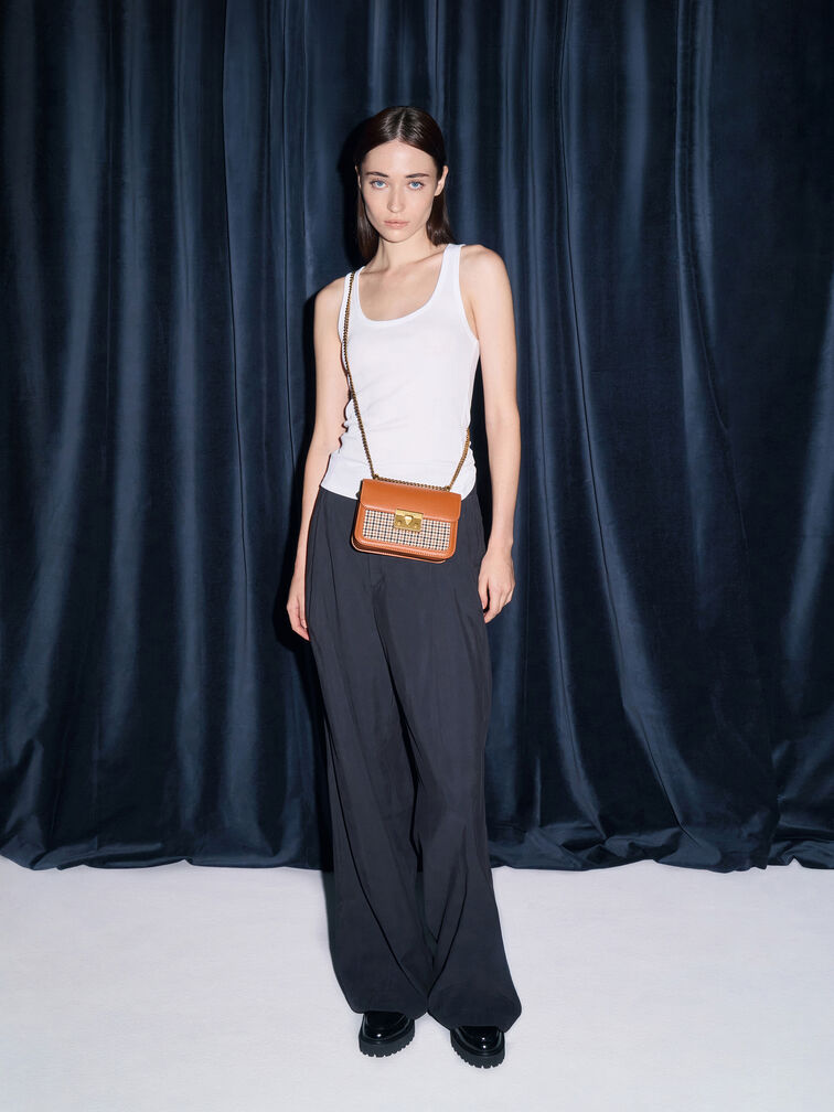 Alva Checkered Front Flap Bag, Cognac, hi-res