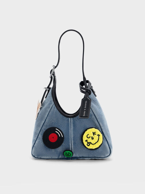 Mini Fuzzy Trim Denim Flap Square Bag With Bag Charm