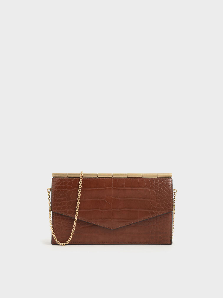 Mini Croc-Effect Long Envelope Wallet, Dark Brown, hi-res