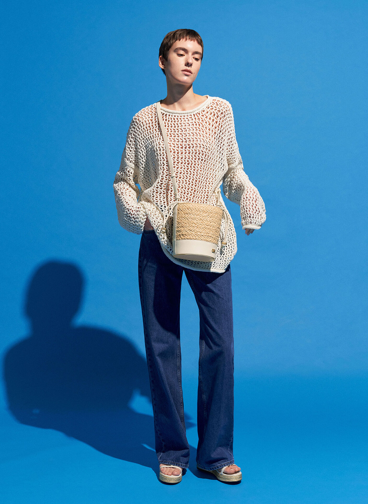 Leather & Raffia Bucket Bag, Beige, hi-res