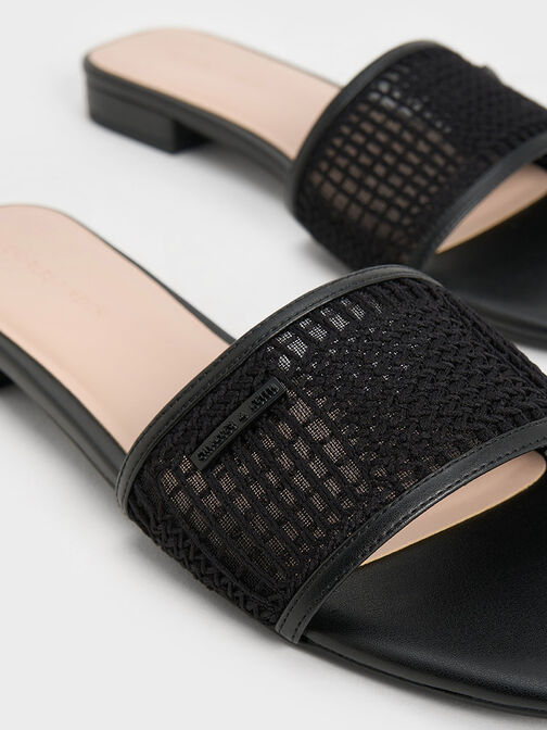 Mesh Knitted Slide Sandals, Black Textured, hi-res