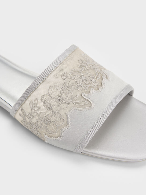 Satin Embroidered-Mesh Slide Sandals, Silver, hi-res