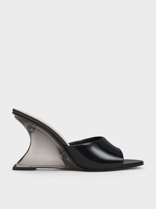 Patent Sculptural Heel Wedges, Black Patent, hi-res