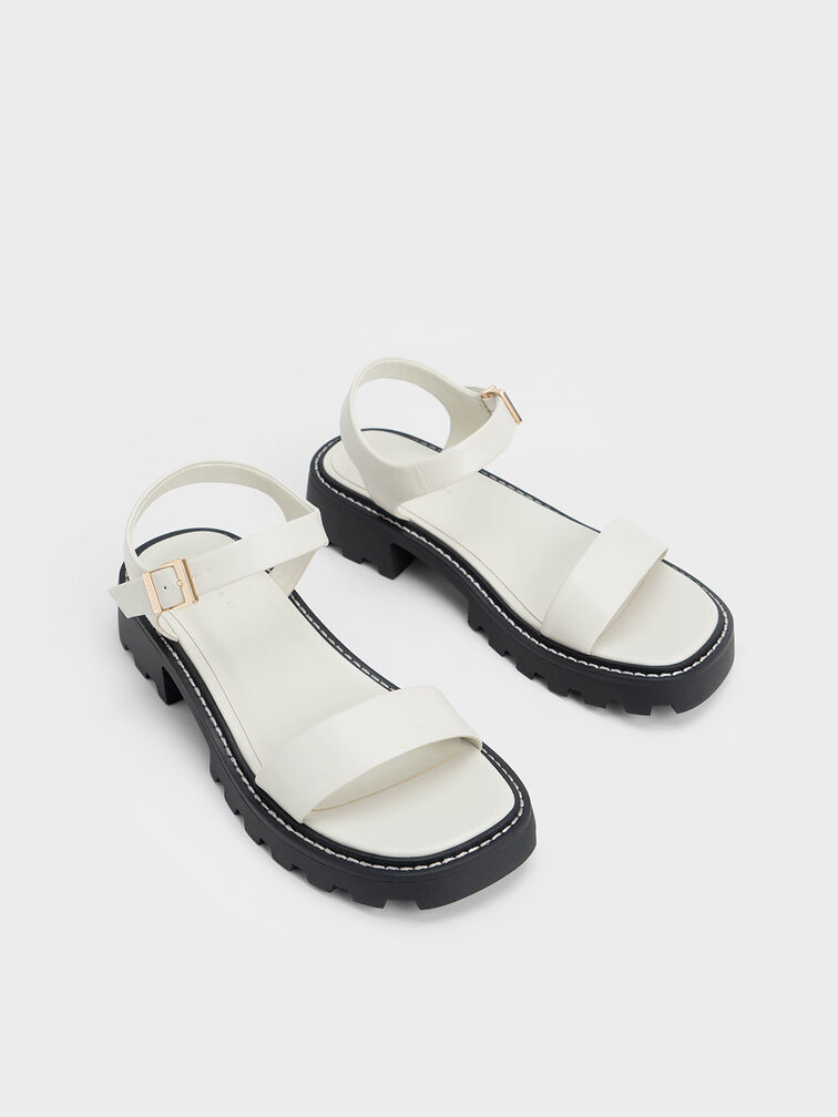 Stitch-Trim Buckled Sandals, White, hi-res
